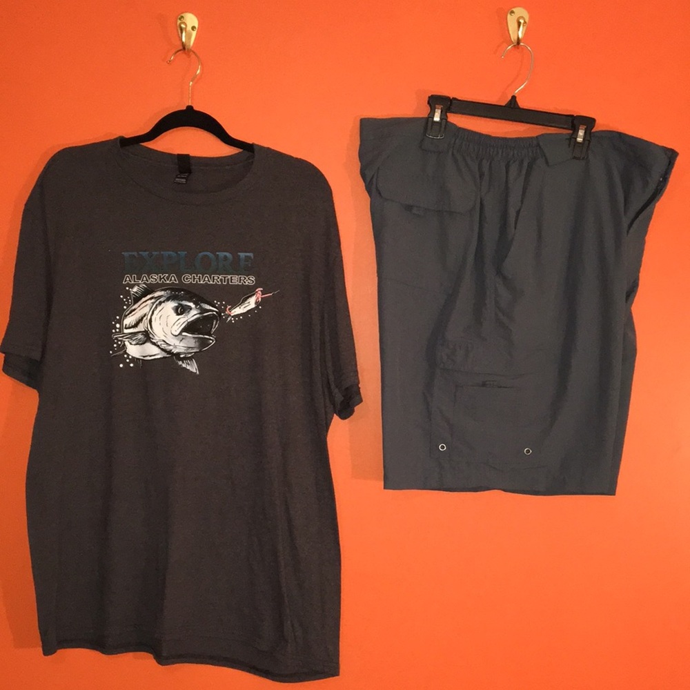 Bundle of Explore Alaska Charters T-Shirt/ Reel Legends Outdoor Shorts Men’s 2XL